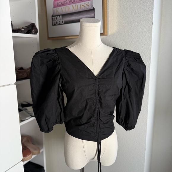 Never a Wallflower Designer Black Balloon Sleeve Ruched Blouse Size Small - Picture 2 of 4